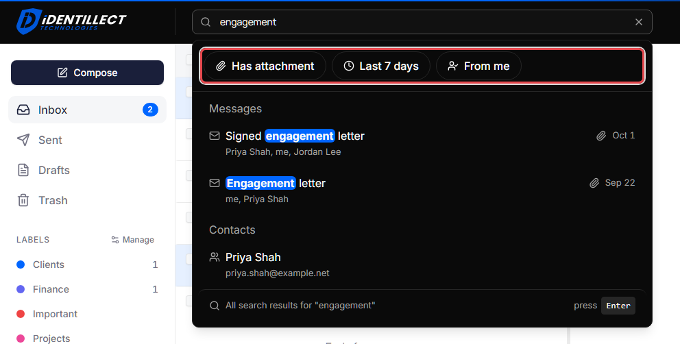 Search panel with filters and results