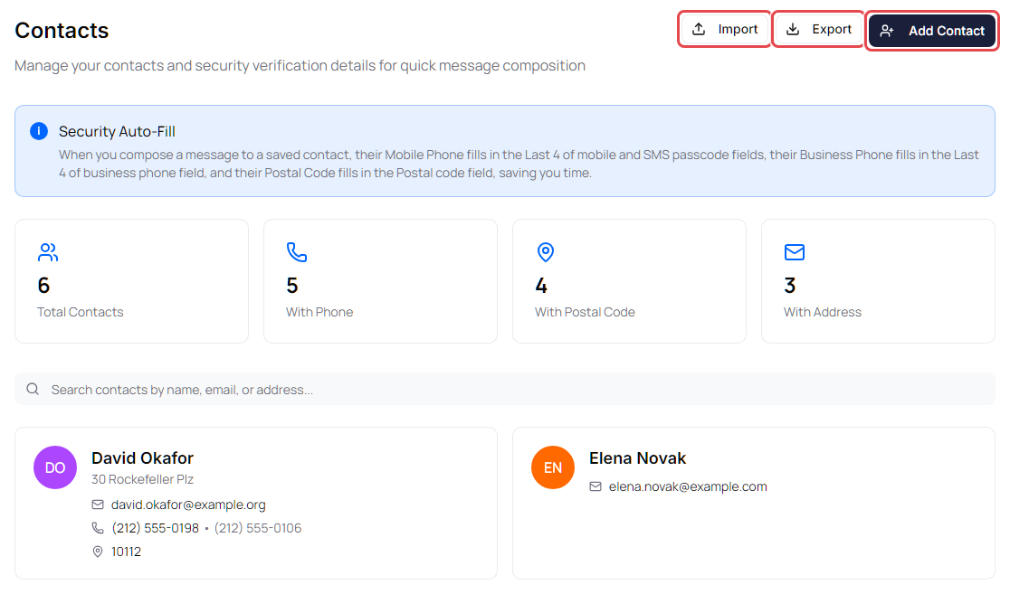 Contacts page with the Security Auto-Fill banner, the Import, Export and Add Contact buttons, and contact cards