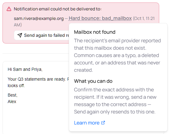Delivery failure explanation box showing Mailbox not found, What you can do and Learn more