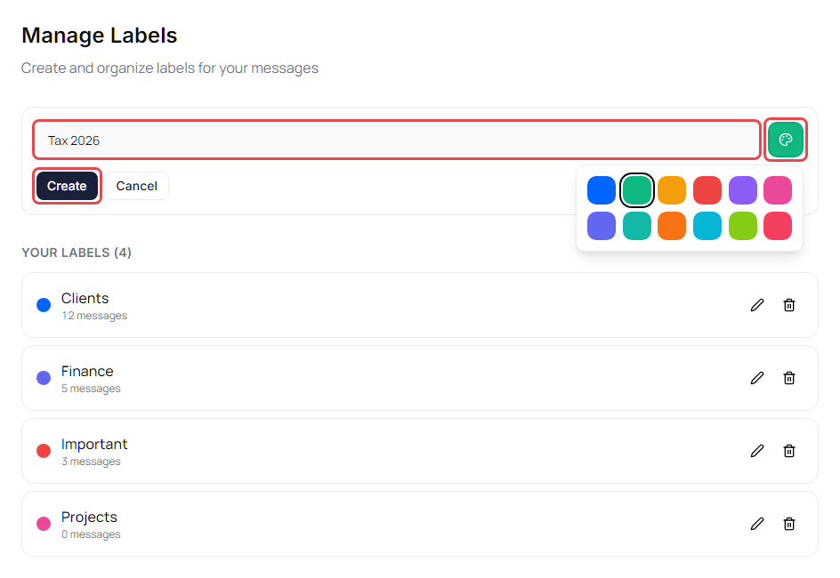 Manage Labels page with a new label being created