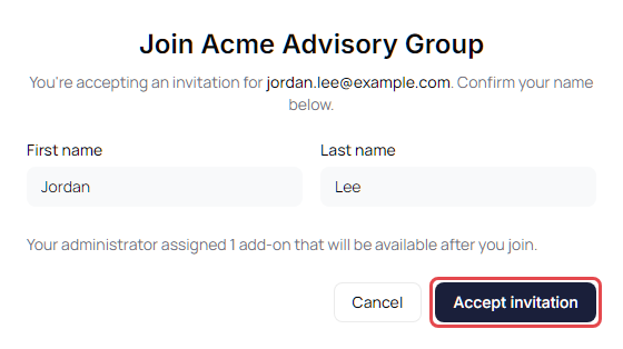 Join Acme Advisory Group page asking the signed-in user to confirm their name and accept