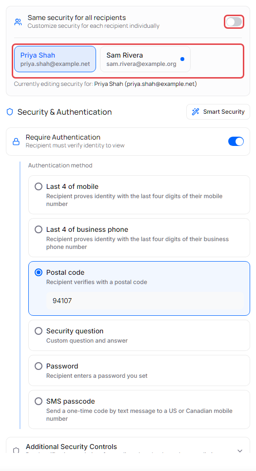 Security panel with two recipients, Same security for all recipients off, and Priya Shah selected