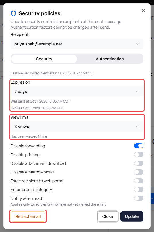 Security policies window for Priya Shah with Expires on, View limit and the restriction switches