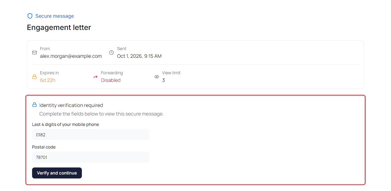 Identity verification form on a secure message