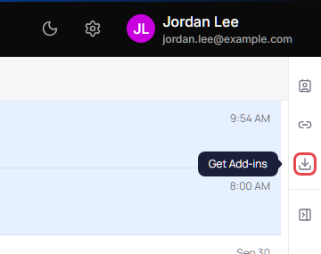 Quick actions on the right edge of the mail screen with the Get Add-ins tooltip showing
