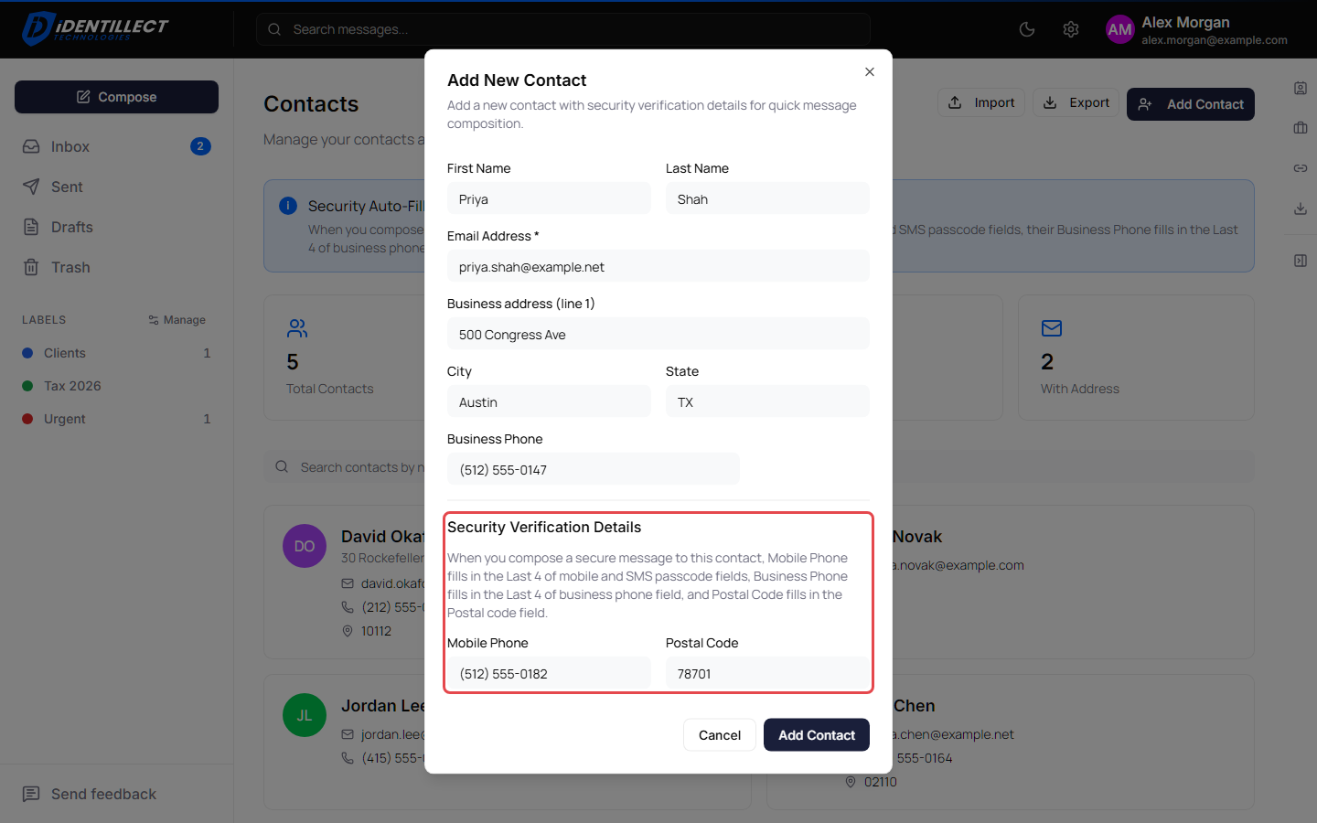 Add New Contact window with Business Phone among the contact details and Mobile Phone and Postal Code under Security Verification Details