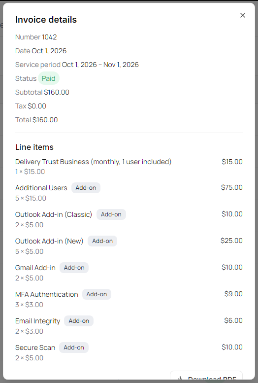 Invoice details window with totals and line items