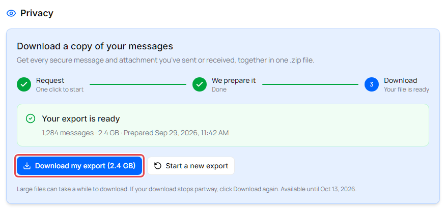 Privacy section with Your export is ready and the Download my export button