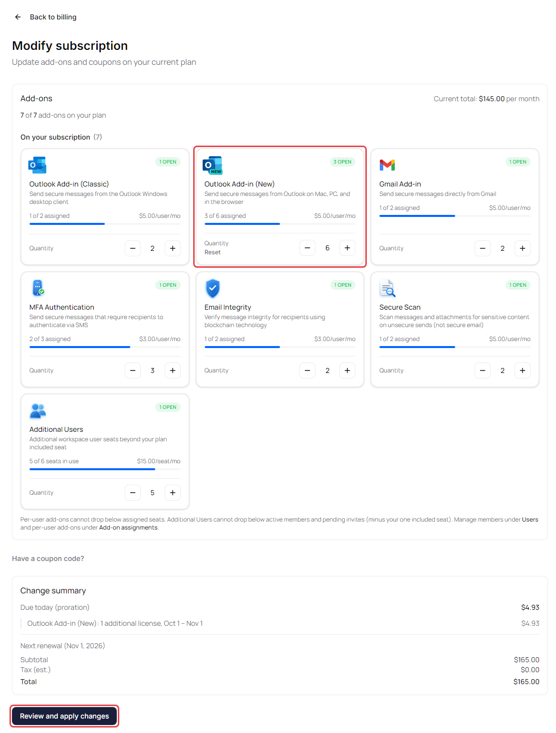 Modify subscription with one add-on quantity increased and the Change summary