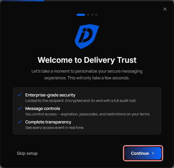 Welcome to Delivery Trust screen with the Continue button