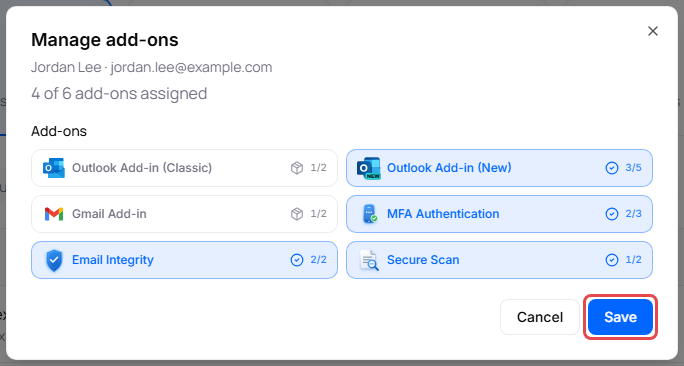 Manage add-ons window for Jordan Lee with two add-ons selected