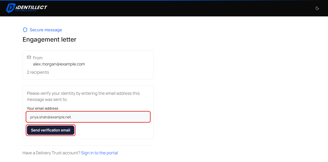 Email address step for a secure message