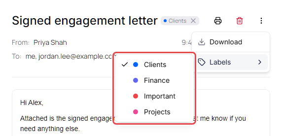 Labels menu on an open message