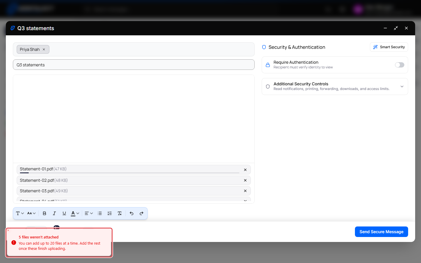 Compose window with attachments uploading and the message 5 files weren't attached