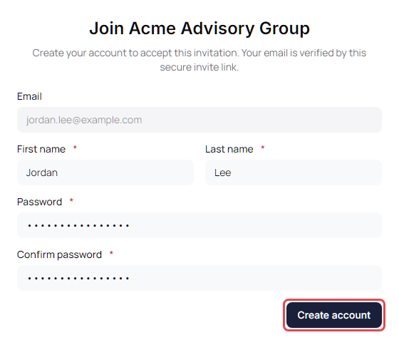 Join Acme Advisory Group page with the Create account form