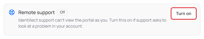 Remote support box with remote support Off and the Turn on button
