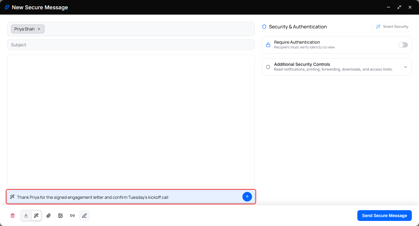 Help me write box open in the compose window with a description typed