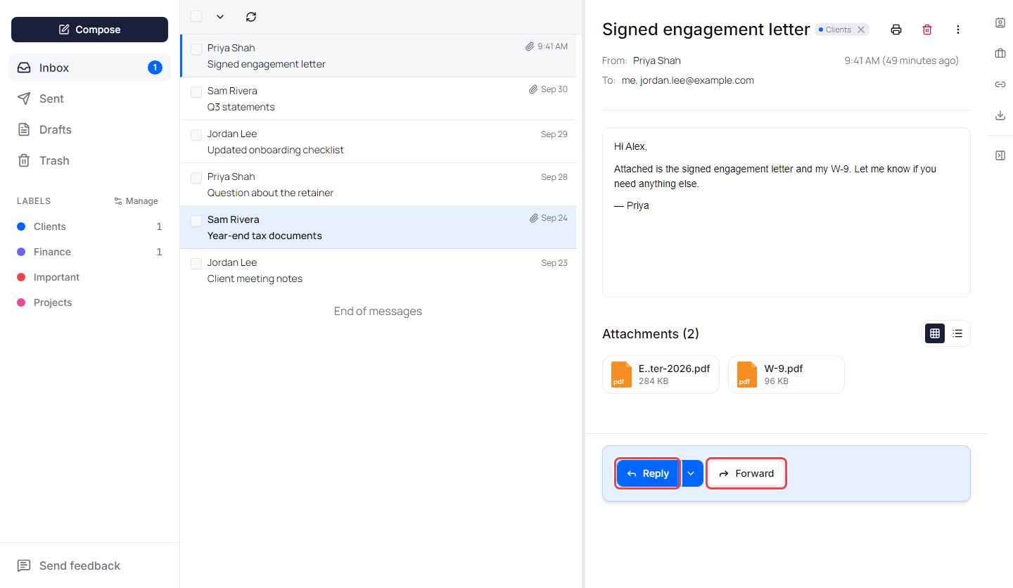 Inbox with a message open in the reading pane