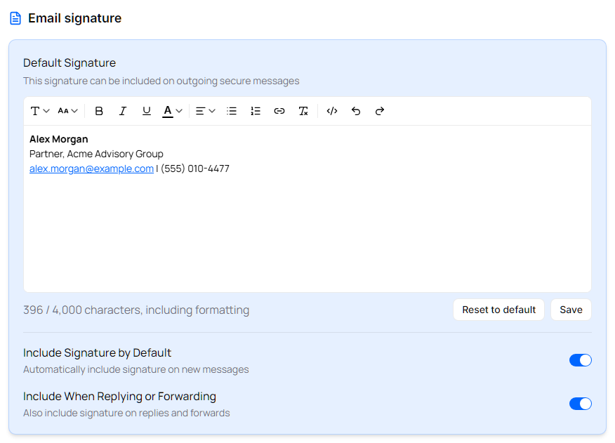 Email signature section with a sample signature for Alex Morgan and both switches on