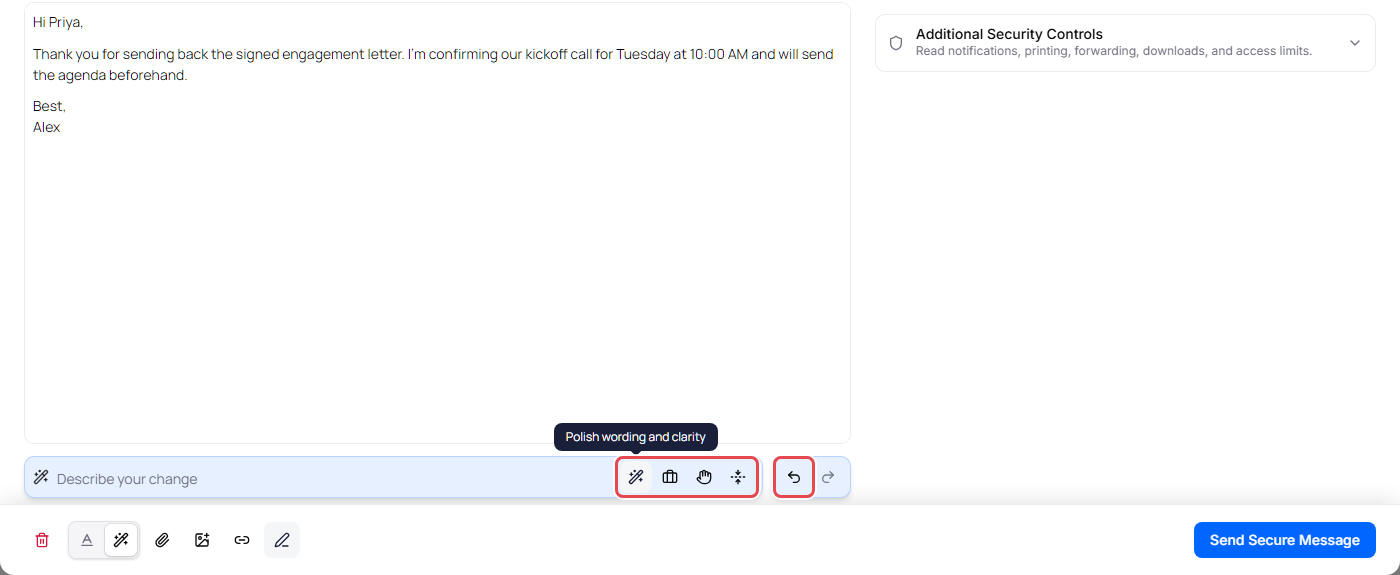 Help me write box with the Polish, Formalize, Friendly and Shorten buttons, and the Undo and Redo buttons beside it