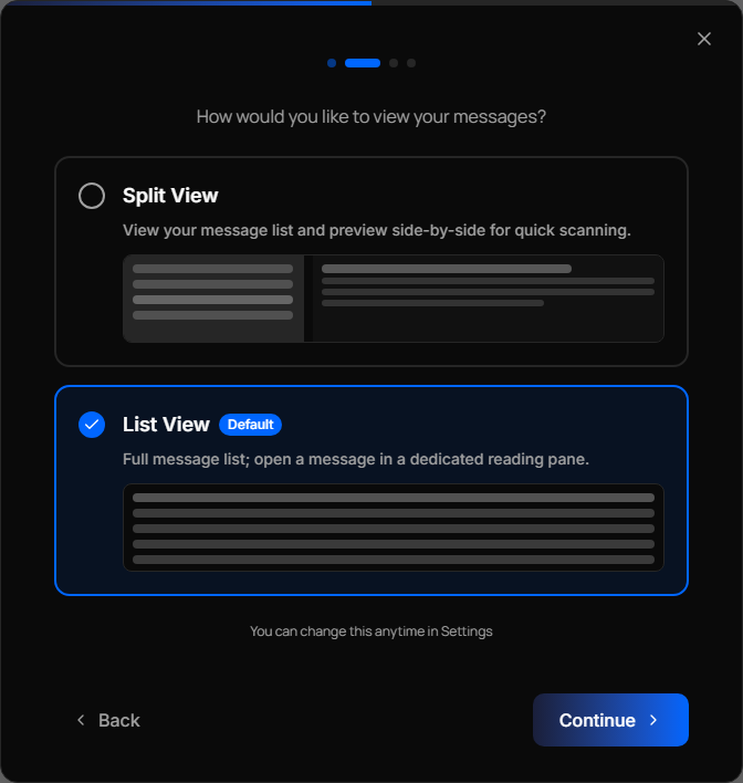Choose Your Layout step with Split View and List View options