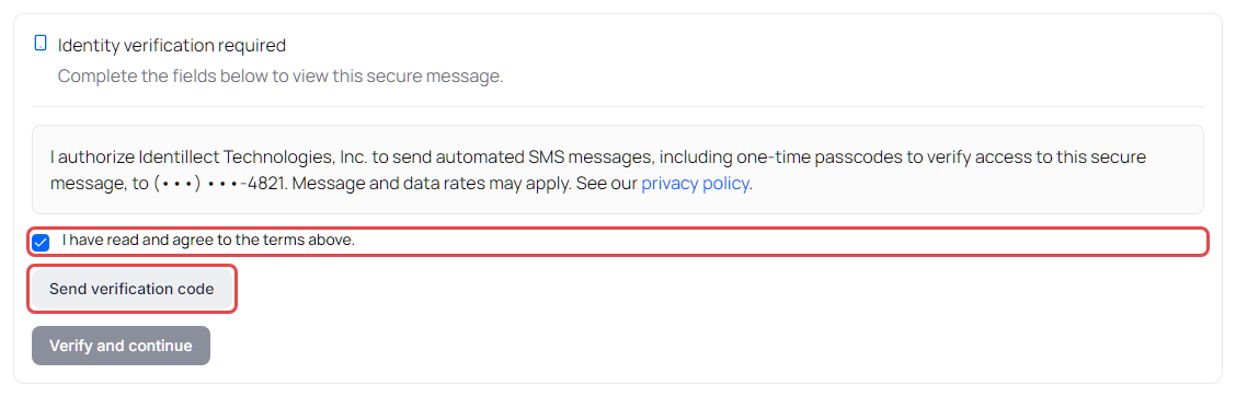 Identity verification form with the text message terms, the agreement checkbox and Send verification code