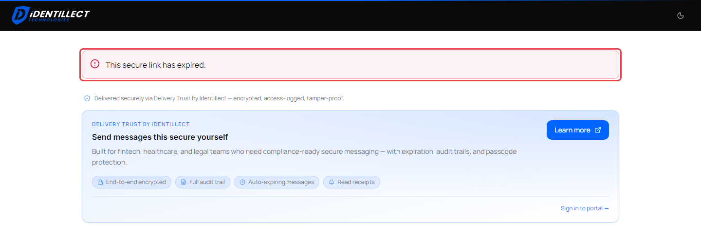 Secure message page showing This secure link has expired.