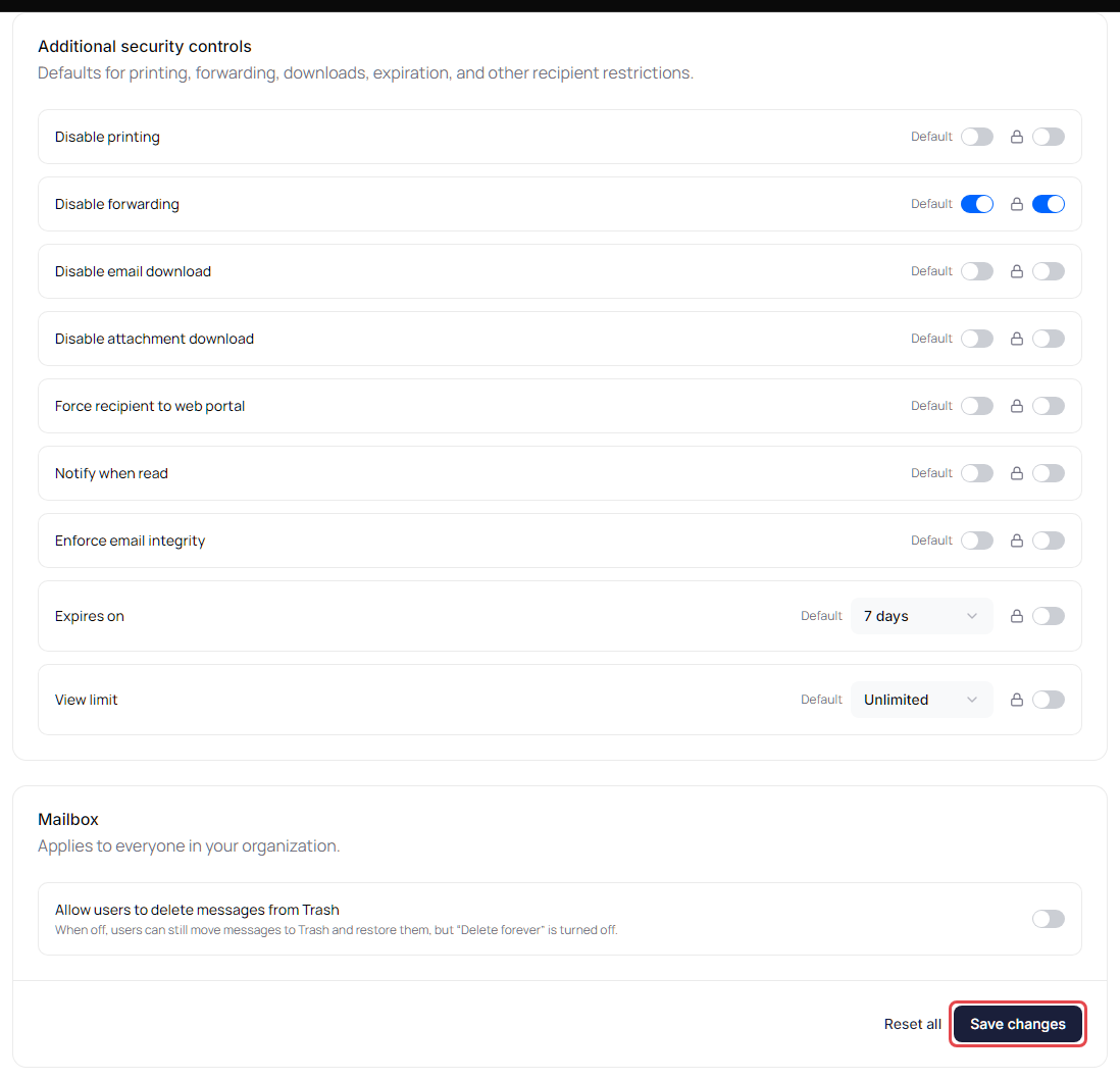 Additional security controls and the Mailbox section with Save changes