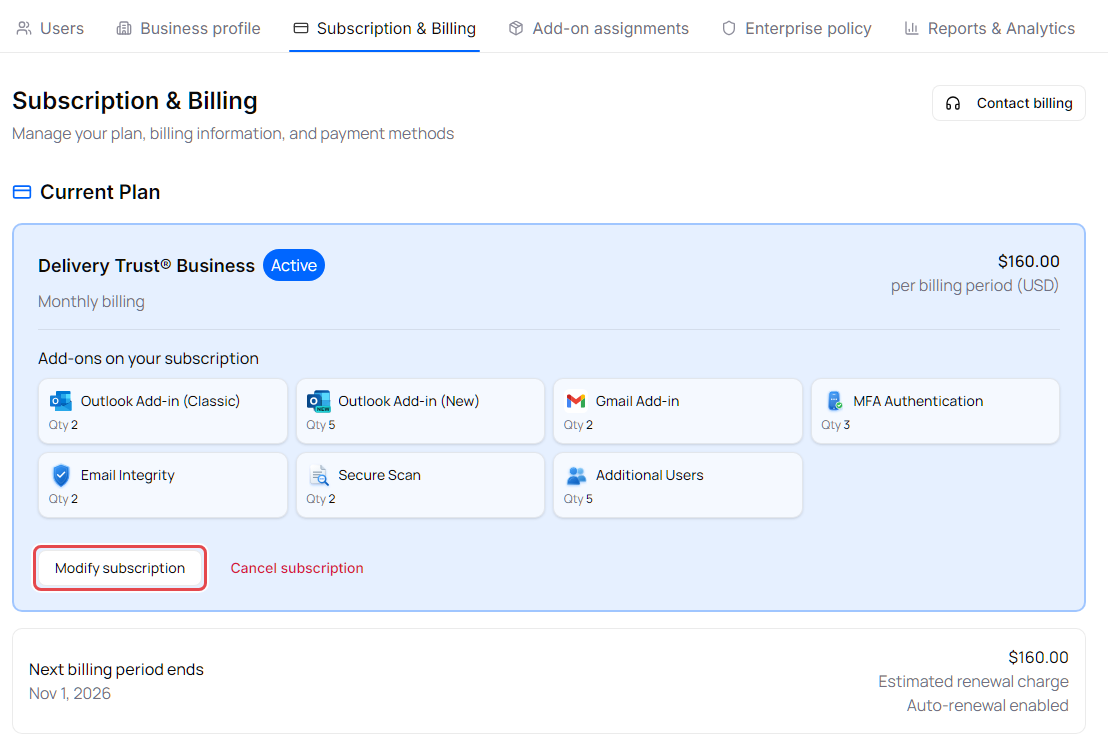 Current Plan with an active monthly subscription, its add-ons and the next renewal