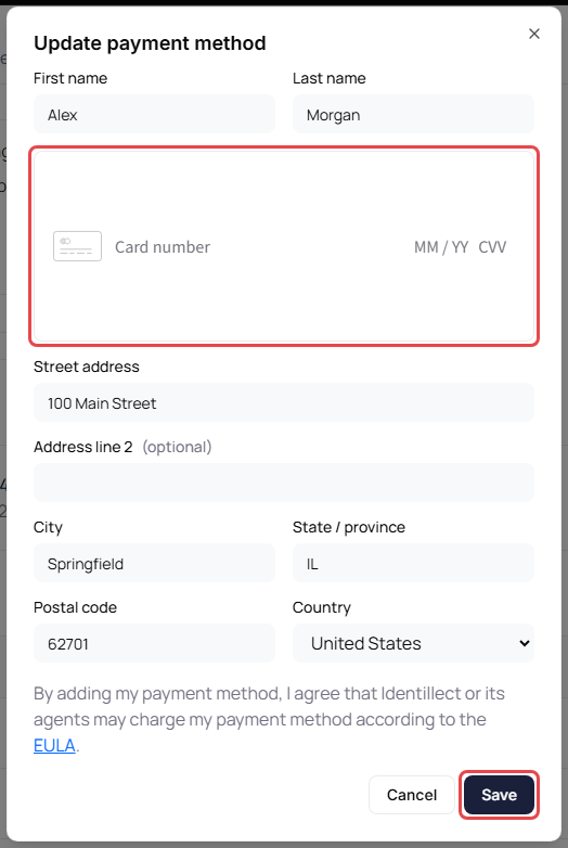 Update payment method window with the cardholder name, card field and billing address