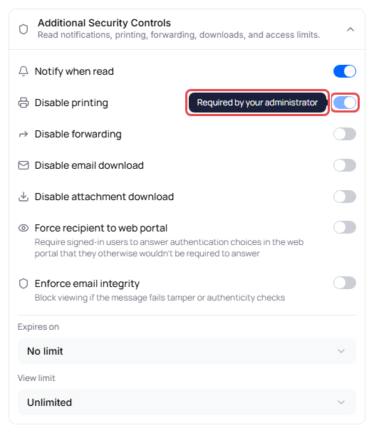 Compose security panel with a locked Disable printing switch and the tooltip Required by your administrator