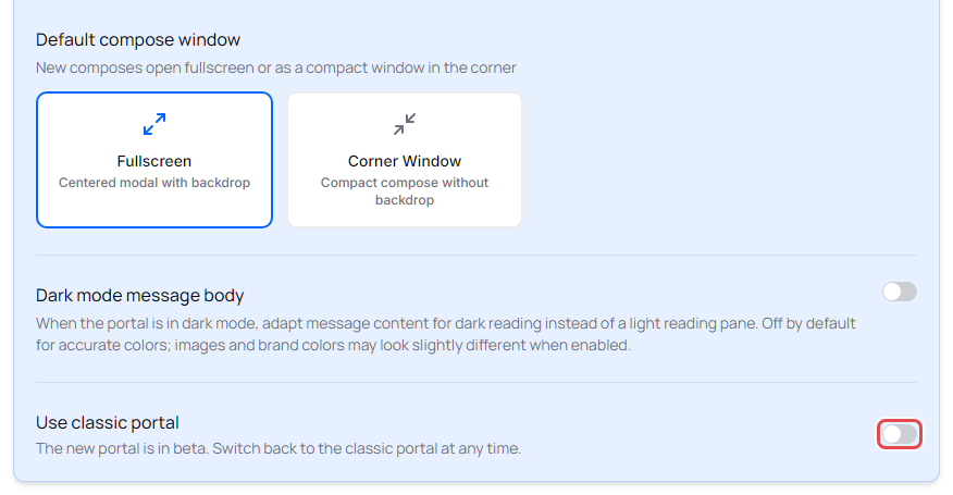 Settings page, Appearance section, with the Use classic portal switch