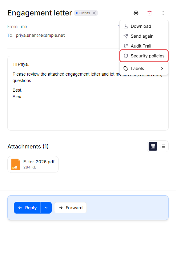 Sent message with the More actions menu open, showing Send again, Audit Trail and Security policies