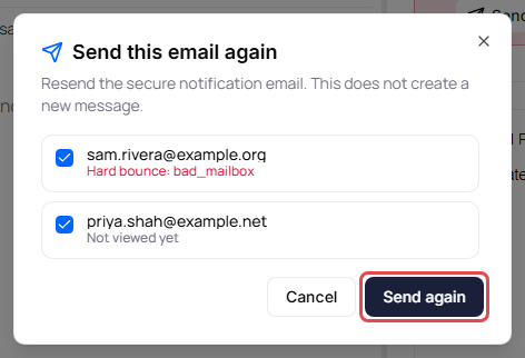 Send this email again window with sam.rivera@example.org selected and showing Hard bounce