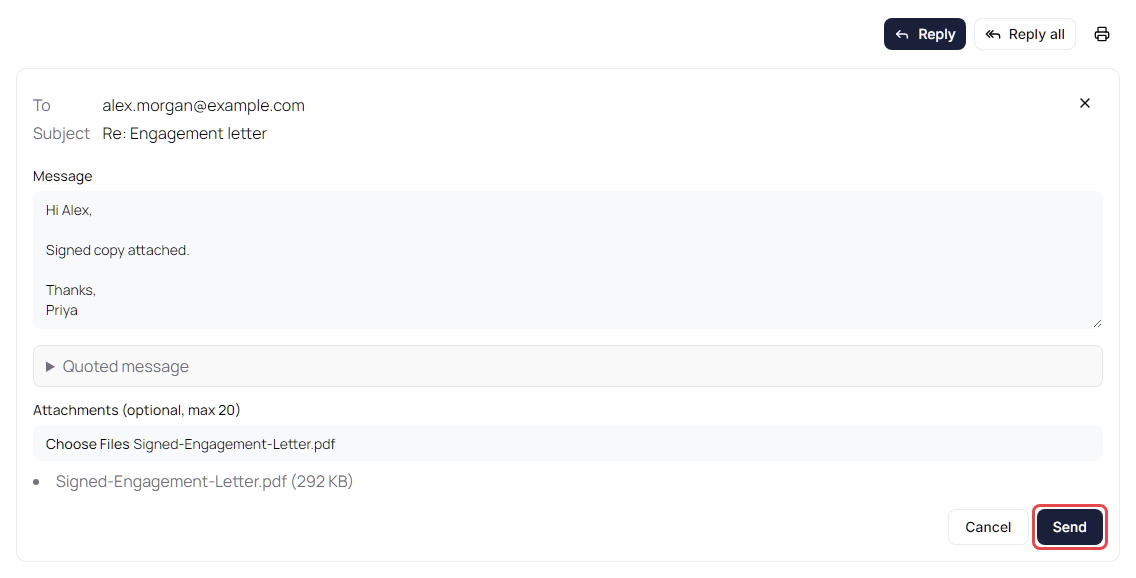 Reply form on a secure message with To and Subject at the top, a message and one attached file