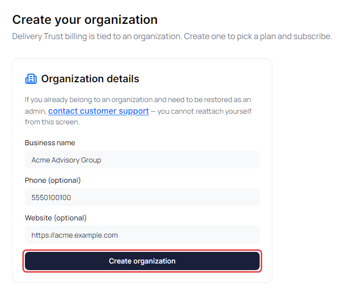 Create your organization page with the business name, phone and website filled in