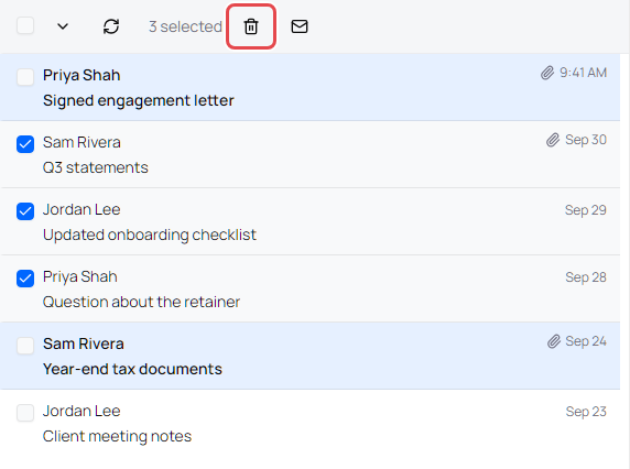 Three selected messages and the toolbar