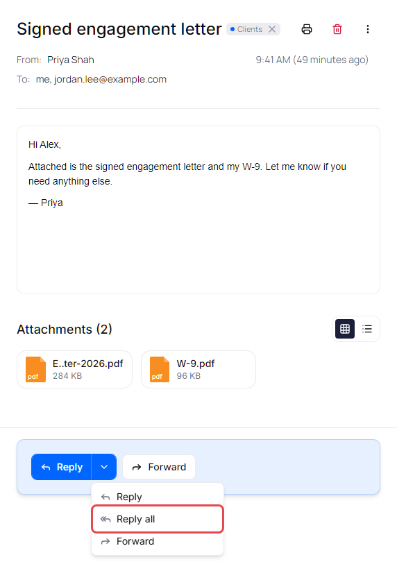 Reply options menu with Reply, Reply all and Forward