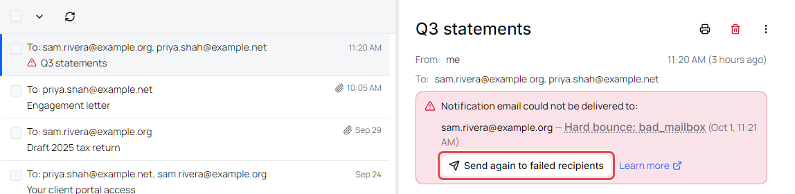 Sent message with the delivery failure banner for sam.rivera@example.org, the Send again to failed recipients button and Learn more