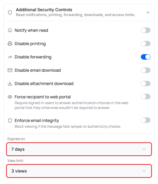 Additional Security Controls expanded, with Disable forwarding on, Expires on set to 7 days and View limit set to 3 views