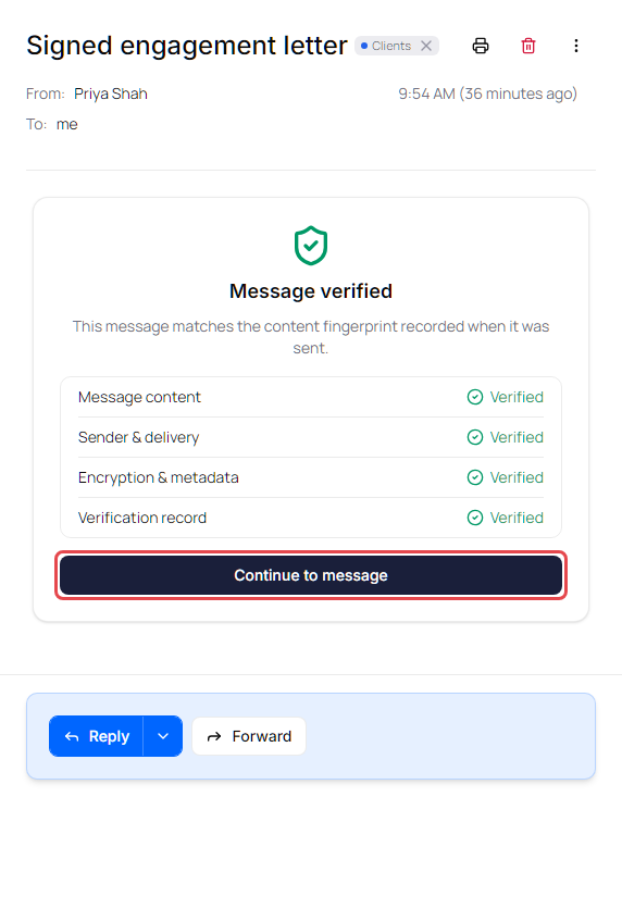 Email integrity result card showing Message verified, four groups marked Verified, and Continue to message