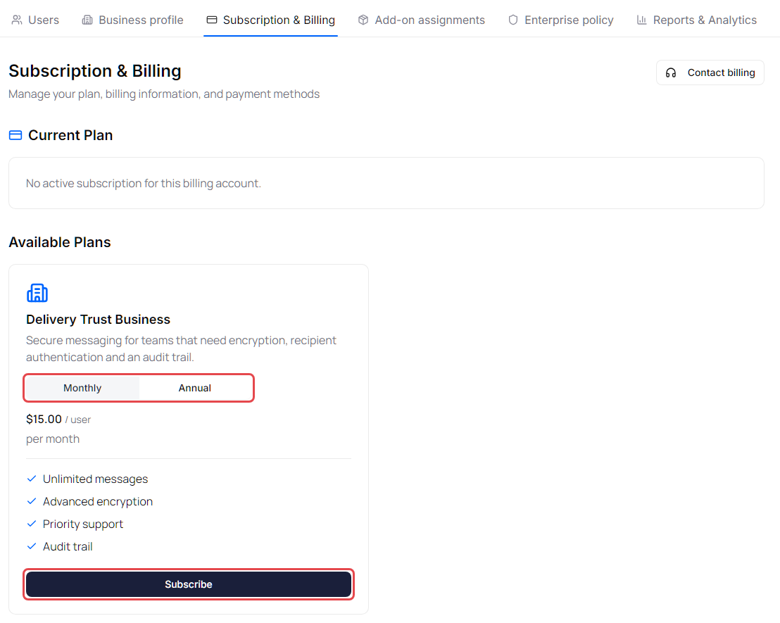 Subscription & Billing with no active subscription and the Subscribe button under Available Plans