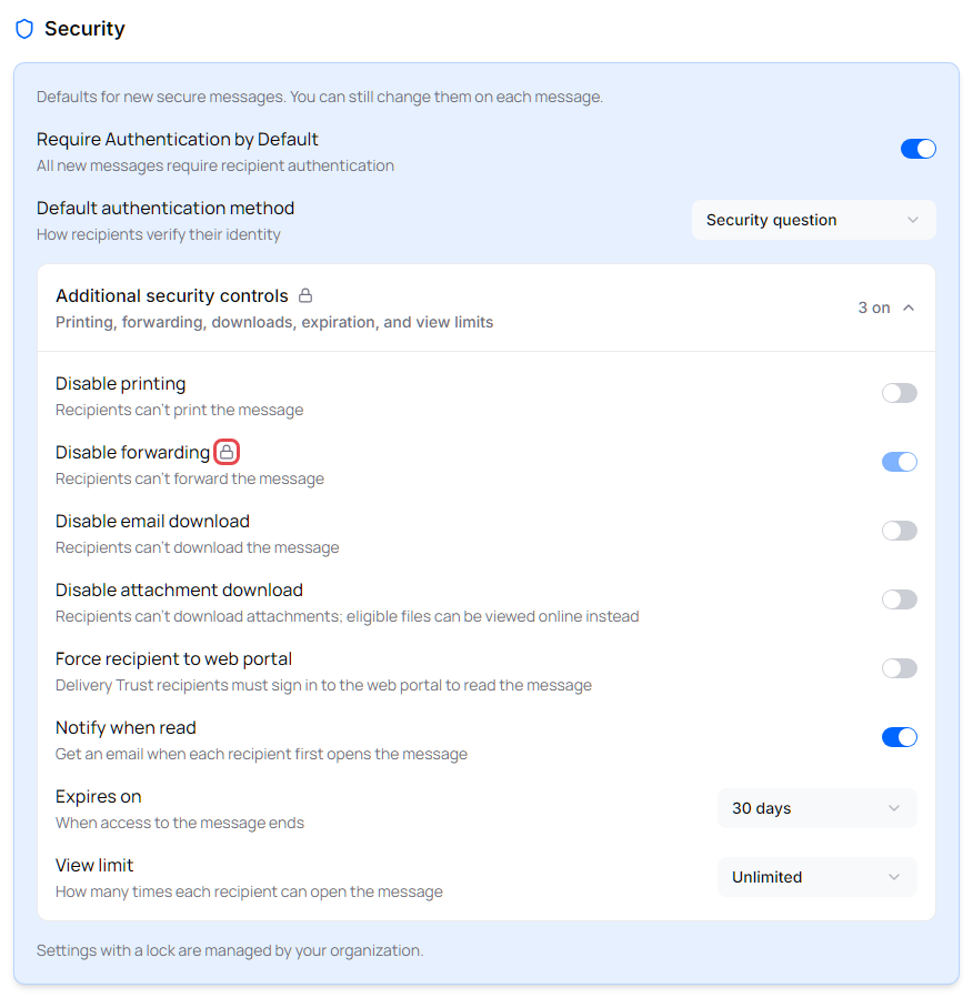 Settings page, Security section, with Additional security controls expanded and one locked setting