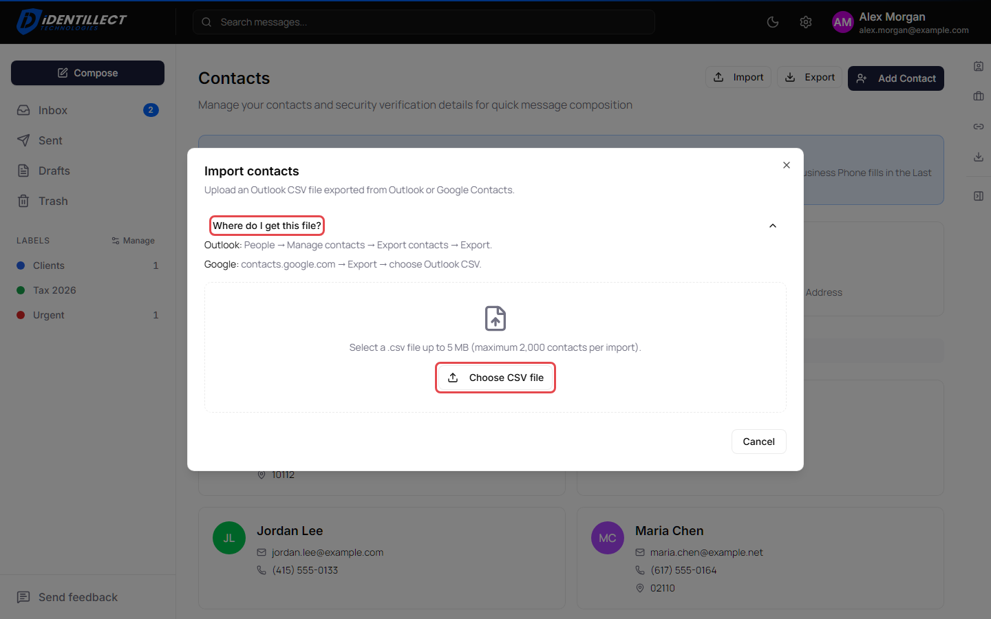 Import contacts window