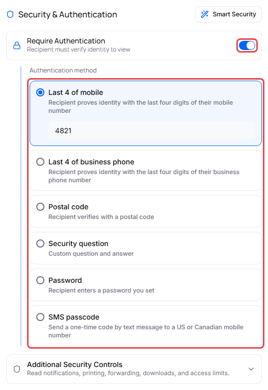 Security & Authentication panel with Require Authentication on and Last 4 of mobile selected
