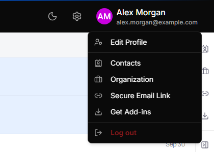 Account menu open, showing Edit Profile, Contacts, Organization, Secure Email Link, Get Add-ins and Log out
