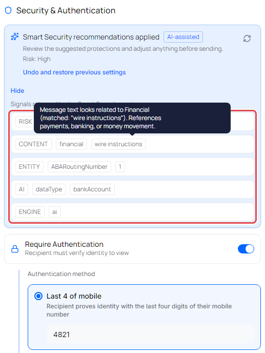 Smart Security recommendations applied, showing AI-assisted, Risk: High, and the list of reasons expanded