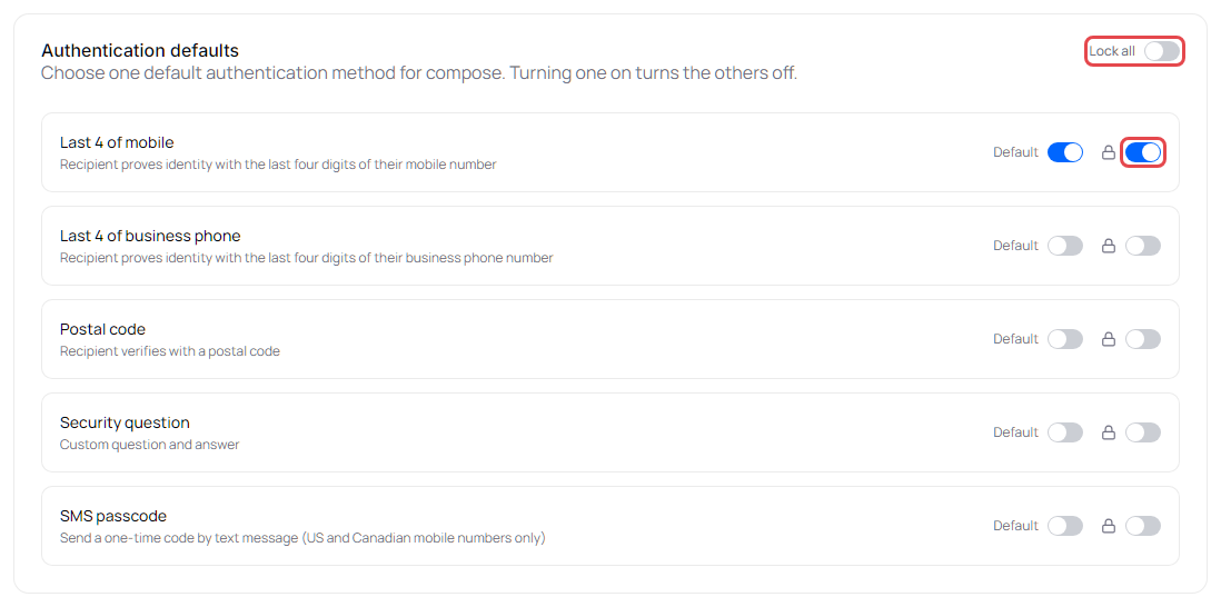 Authentication defaults with Last 4 of mobile on and locked, and the Lock all switch