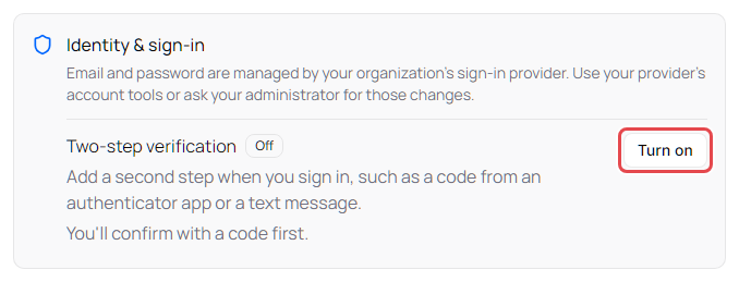 Identity & sign-in box with Two-step verification Off and the Turn on button
