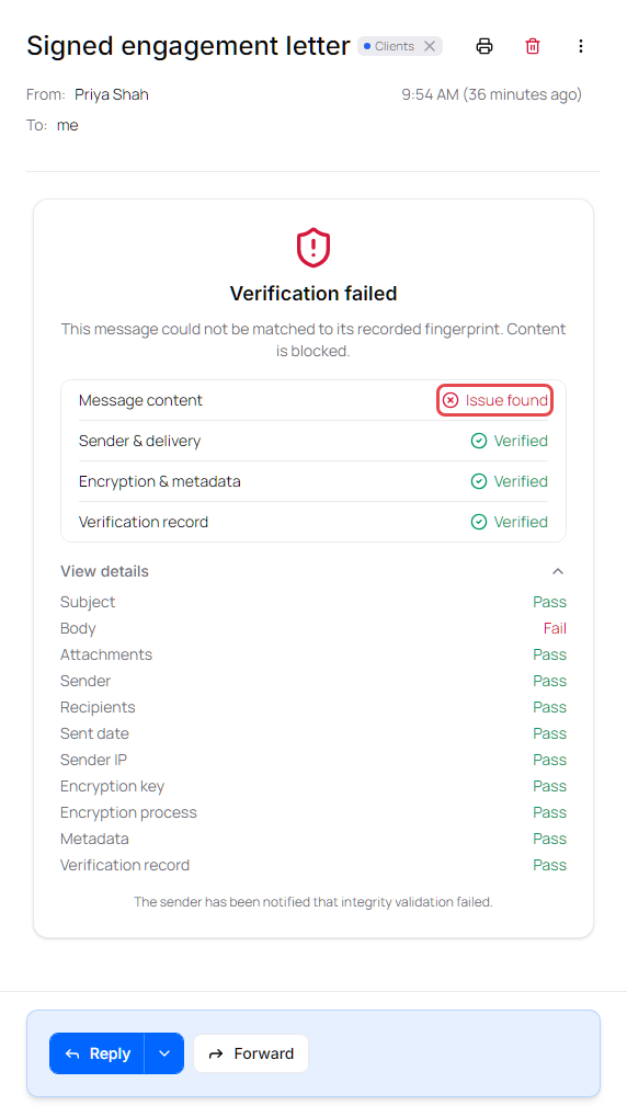 Email integrity result card showing Verification failed, Message content marked Issue found, and View details expanded